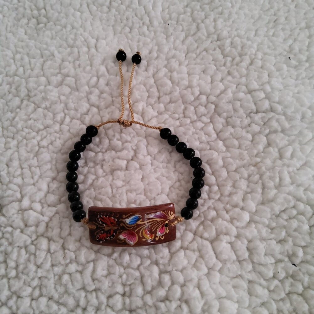 Hand Painted Folk Art Bracelet Bohemian Wood Flower Charm Black Beaded Drawstrin